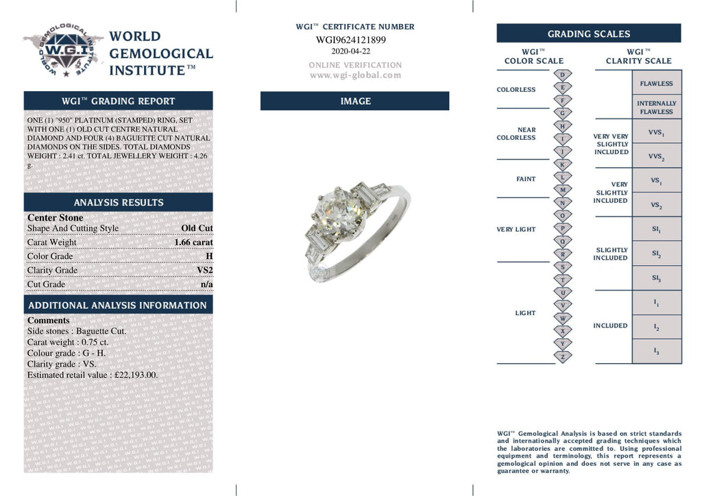 Art Deco Round Brilliant Cut Diamond 1.66ct H VS2 WGI Platinum Engagement Ring