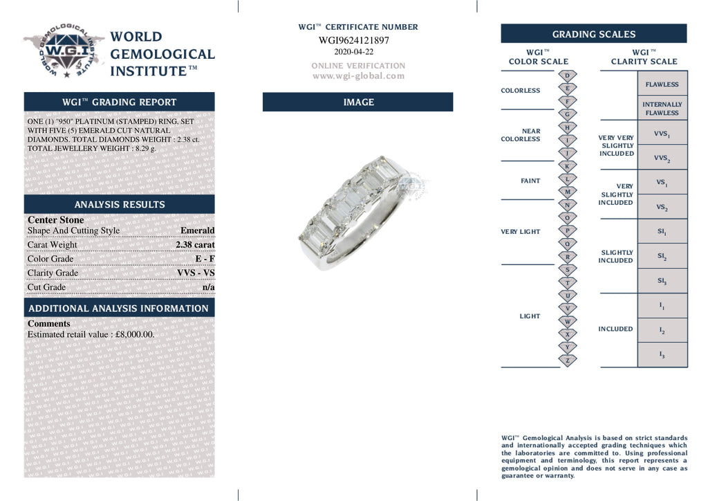 Emerald Cut 5-stone Diamond Ring 2.38ct E-F VVS-VS WGI Platinum