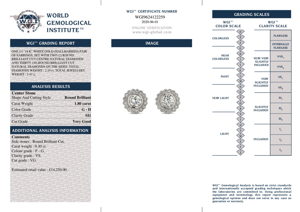 A pair of diamond halo Stud Earrings 1.80ct G-H SI1 WGI 18K white gold