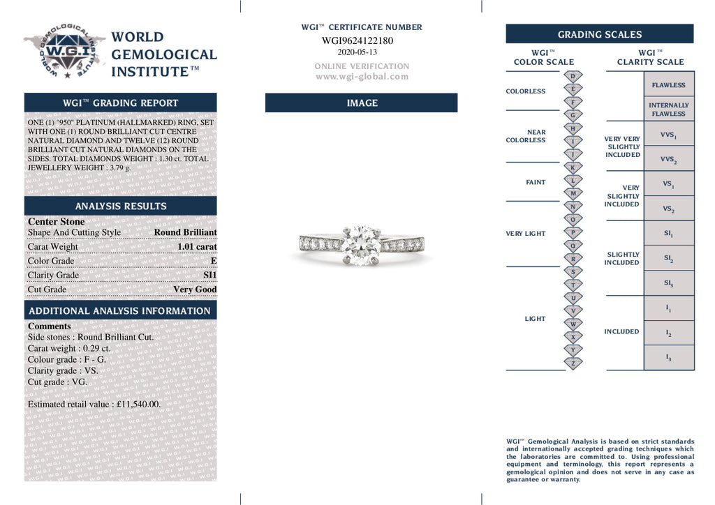 Round Brilliant Cut Solitaire Diamond Ring 1.01ct E SI1 WGI Platinum