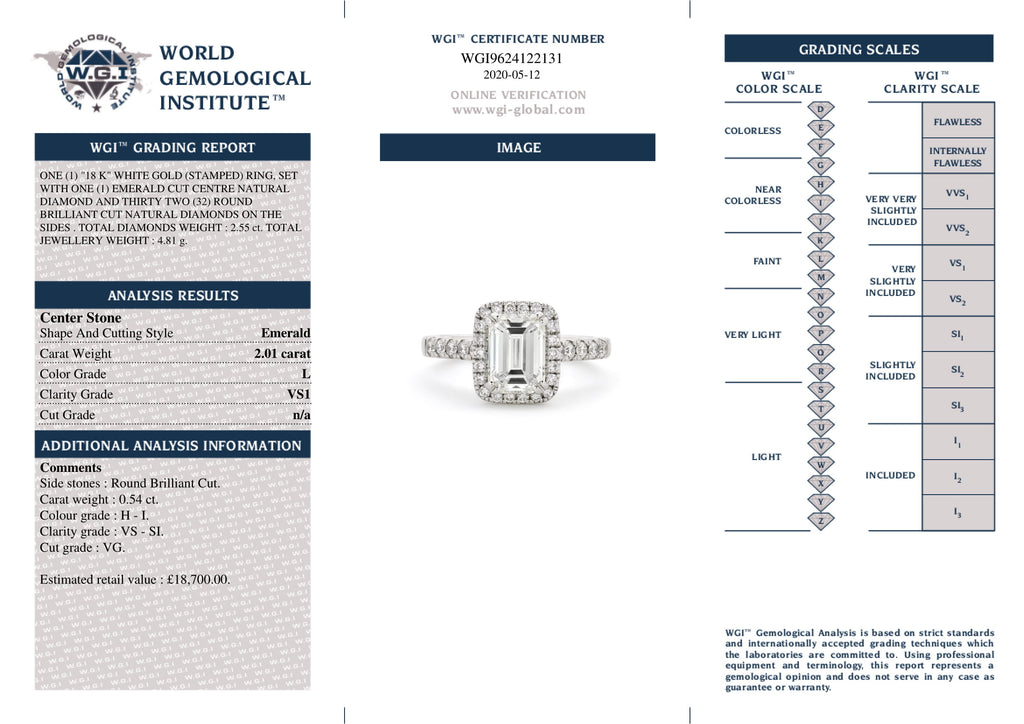 Emerald Cut Solitaire Diamond Ring 2.01ct L VS1 WGI 18K White Gold