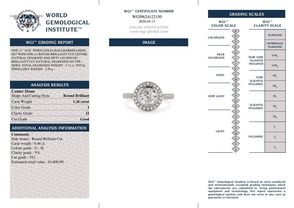 Round Brilliant Cut Solitaire Diamond Ring 1.26ct I I2 WGI 18K White Gold