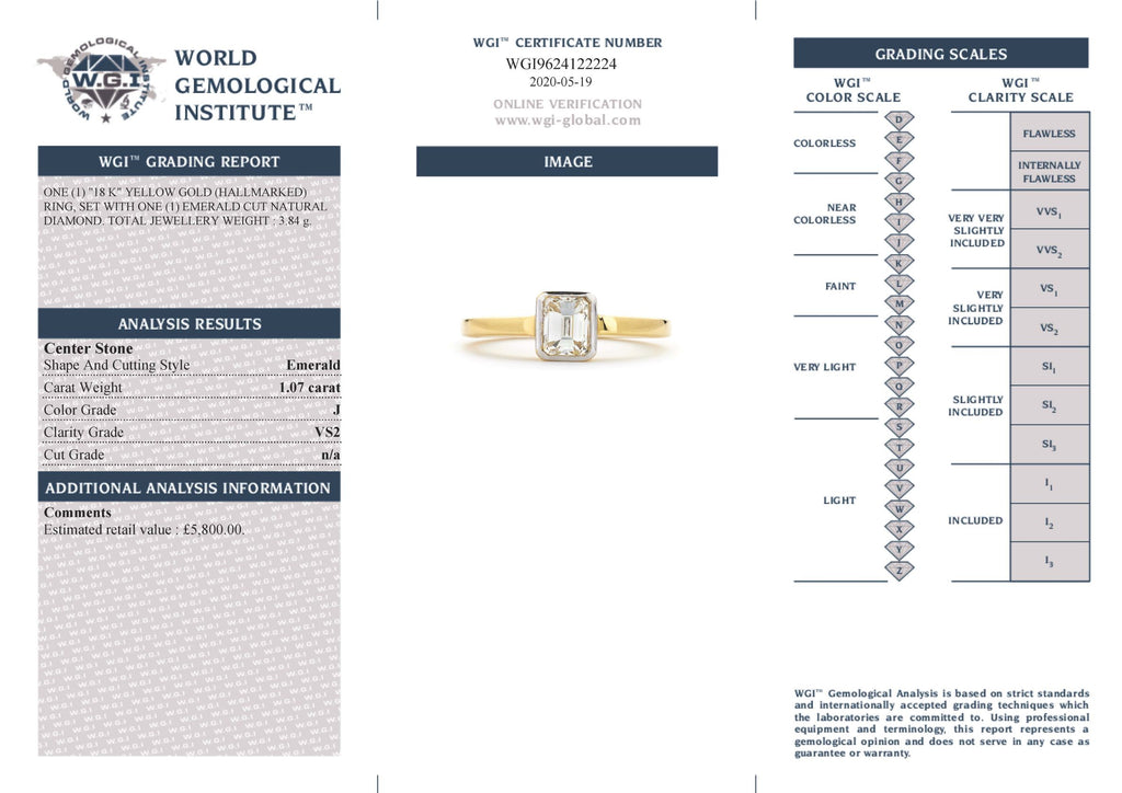 Emerald Cut Solitaire Diamond Ring 1.07ct J VS2 WGI 18K Yellow Gold