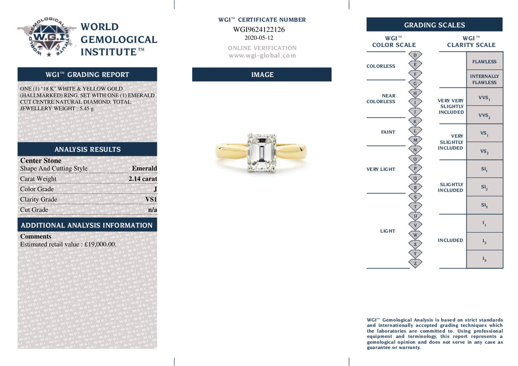 Emerald Cut Solitaire Diamond Ring 2.14ct J VS1 WGI 18K Yellow And White Gold