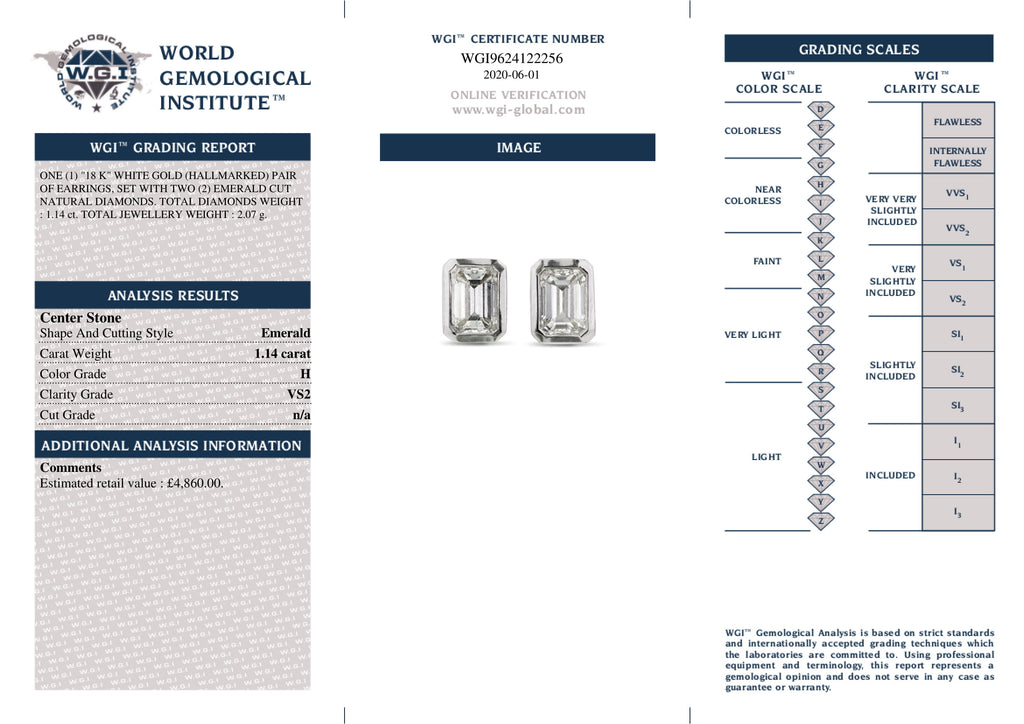 A pair of emerald cut diamond Stud Earrings 1.14ct H VS2  WGI 18K white gold