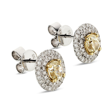 A pair of cushion cut diamond halo Stud Earrings 1.08ct NATURAL FANCY LIGHT YELLOW VS2 WGI 18K yellow and white gold